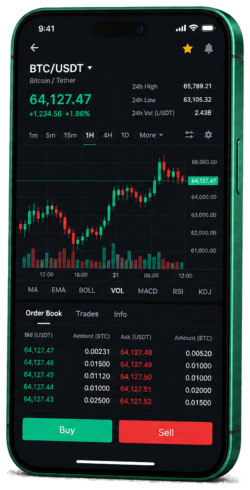 Application mobile Valeur Gaintra — graphique BTC/USDT en direct, carnet d’ordres et outils de trading